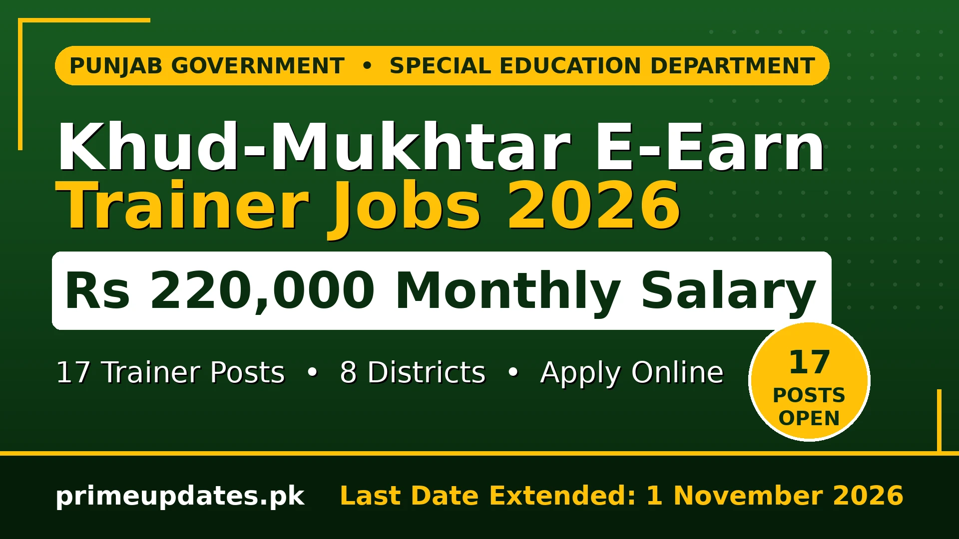 Khud-Mukhtar E-Earn Trainer Jobs 2026: Rs 220,000 monthly salary, last date extended to 1 November