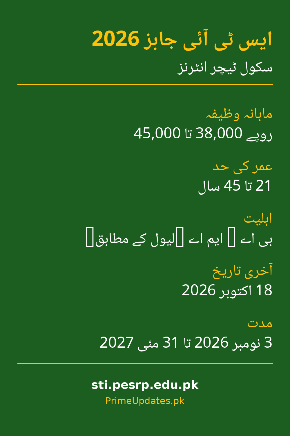 STI Jobs 2026 Urdu infographic - stipend, age limit, last date